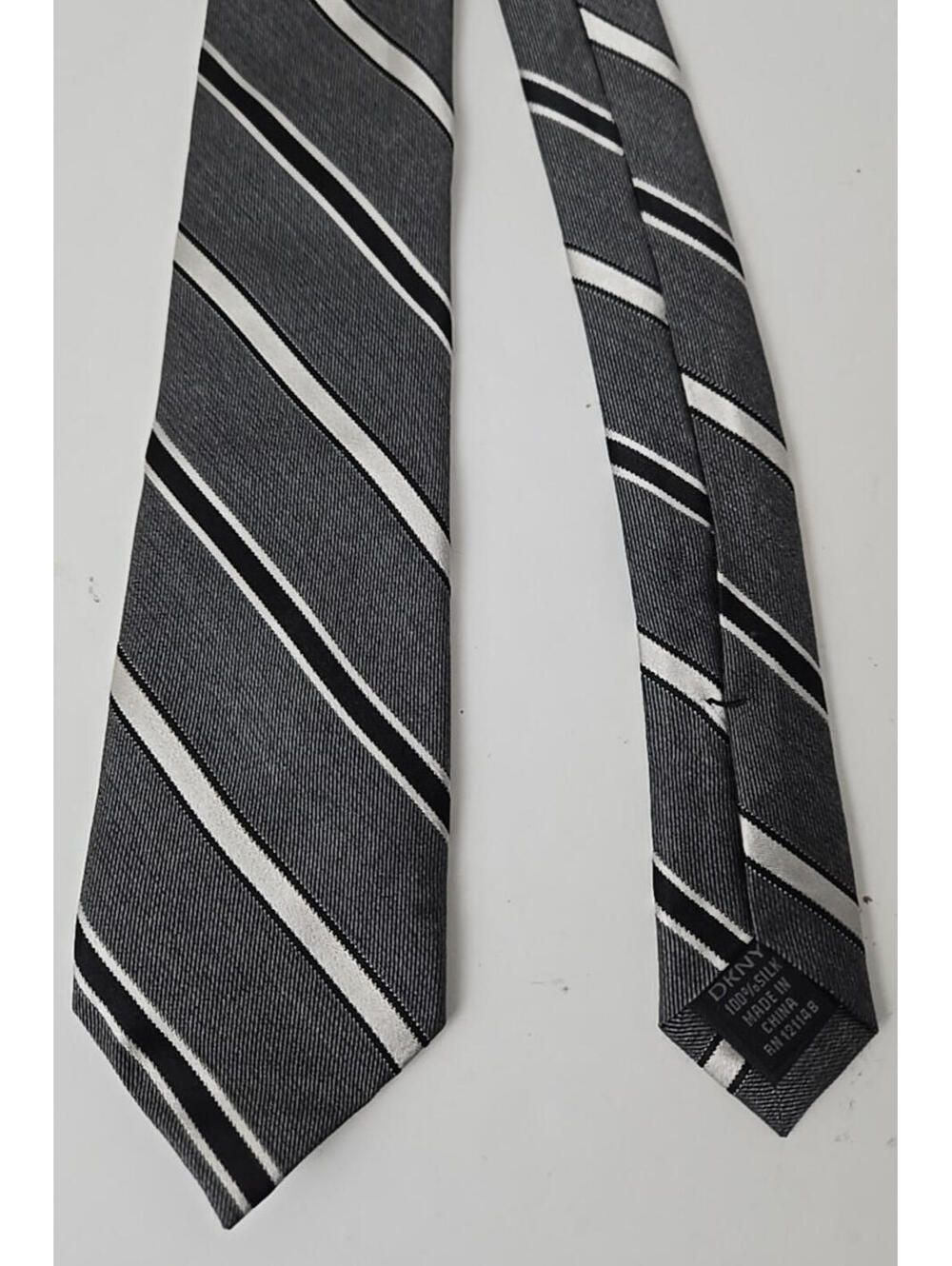 DKNY Donna Karan Black Gray White Stripe Silk Neck Tie Classic Wedding Office